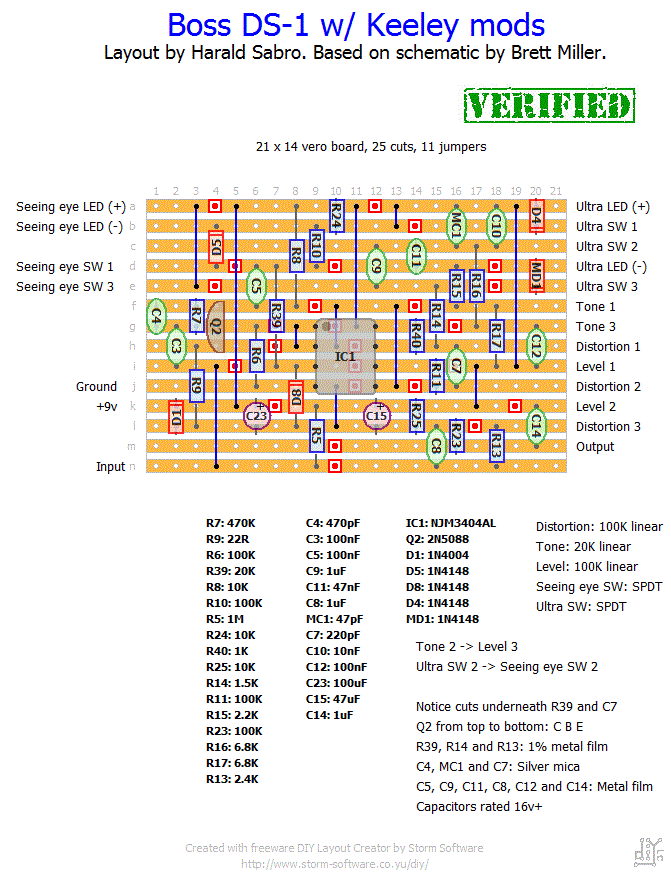 Boss DS-1 w/ Keeley mods vero layout
